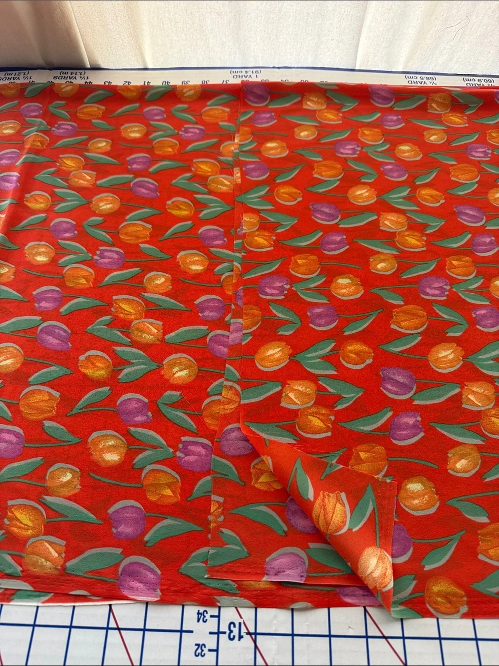 Vintage John Kaldor Fabric 3 Yds Tulip Floral Orange/Red Crepe Semi Sheer 44”